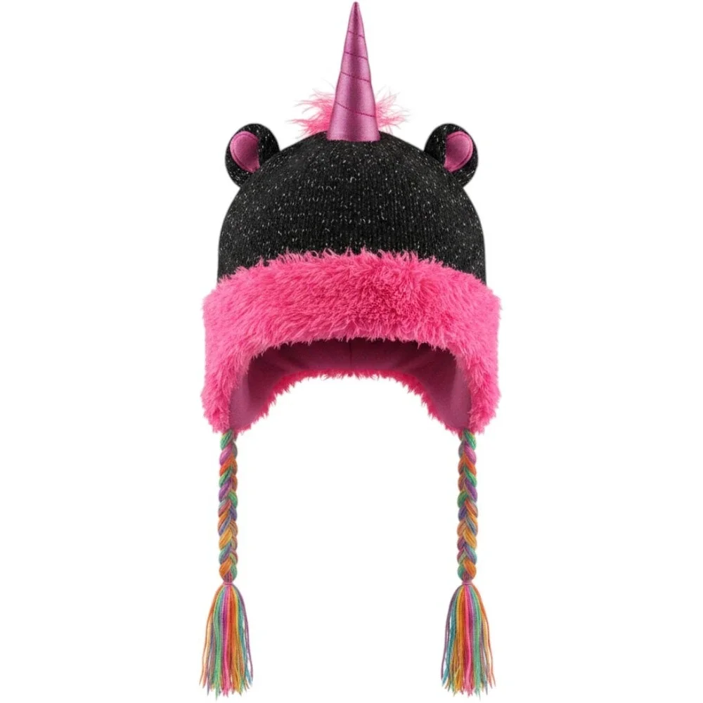 Capelli New York Girls Unicorn Knit Trapper Hat Black Pink Rainbow Metallic‎ S3